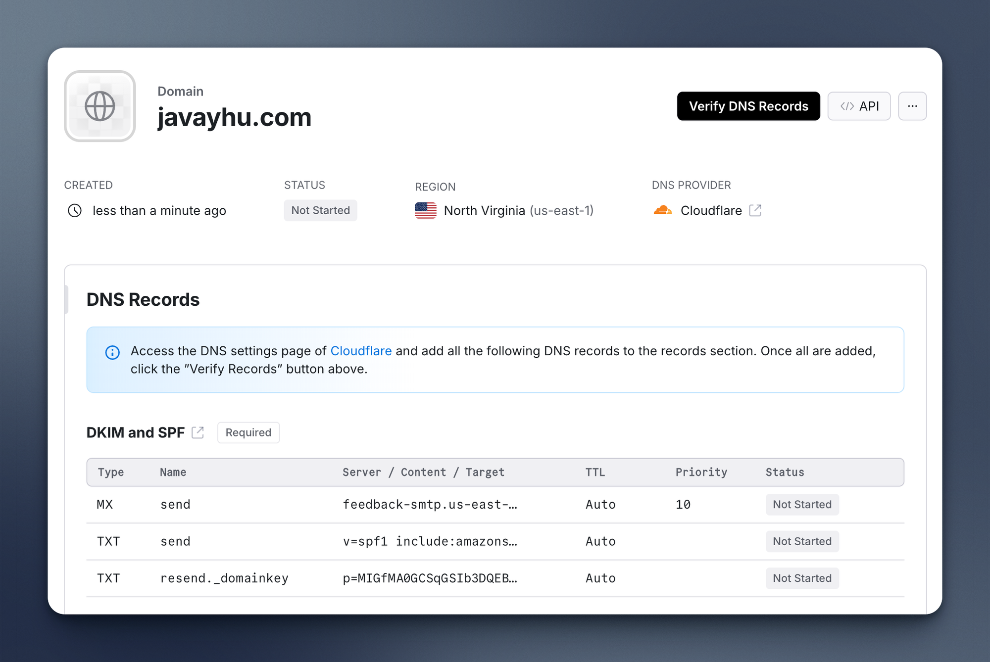 resend add domain dns records